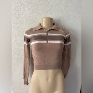 debut Taupe and White Striped Cropped Zip Polo casual classy